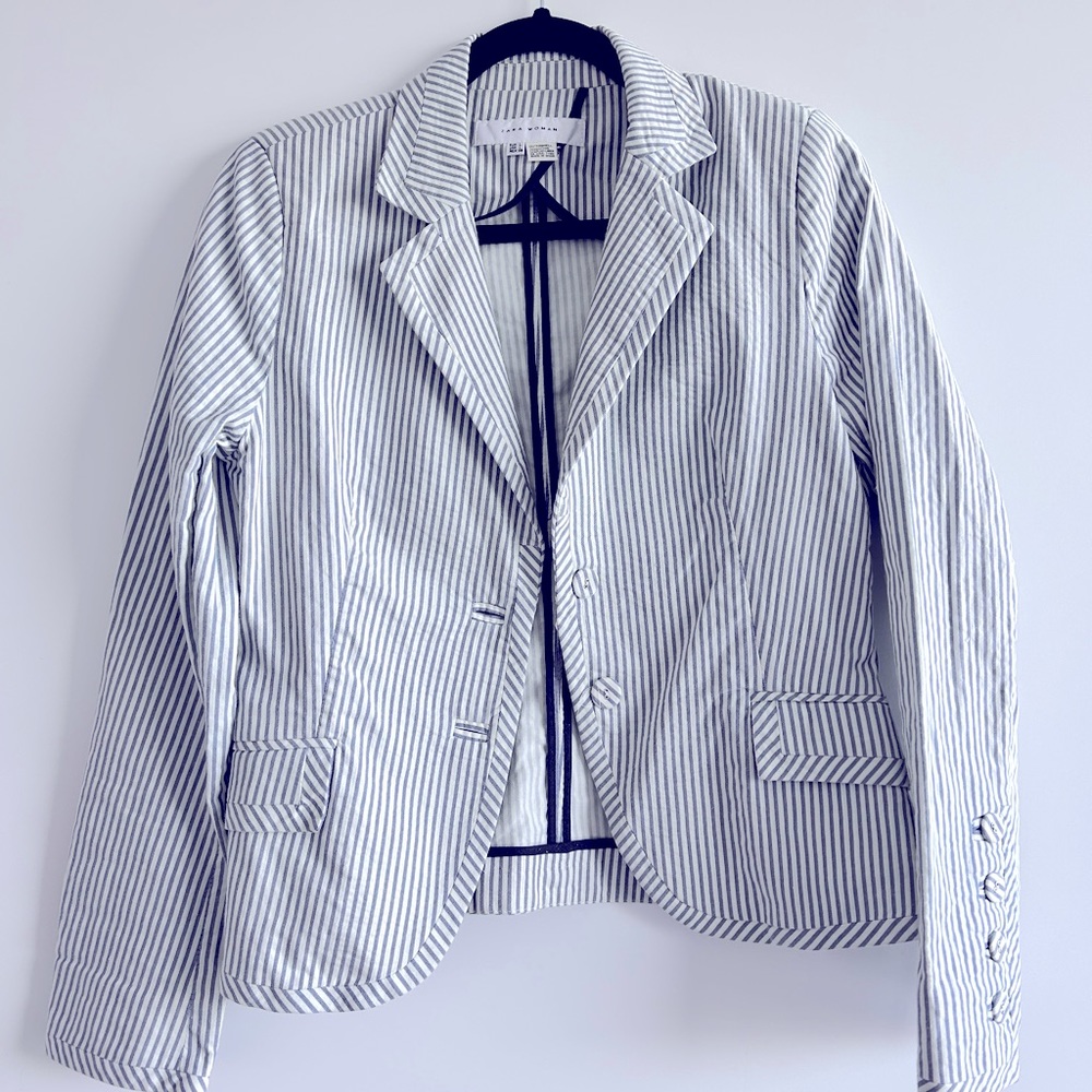 Zara Nautical Striped Linen Womens Blazer Sz L